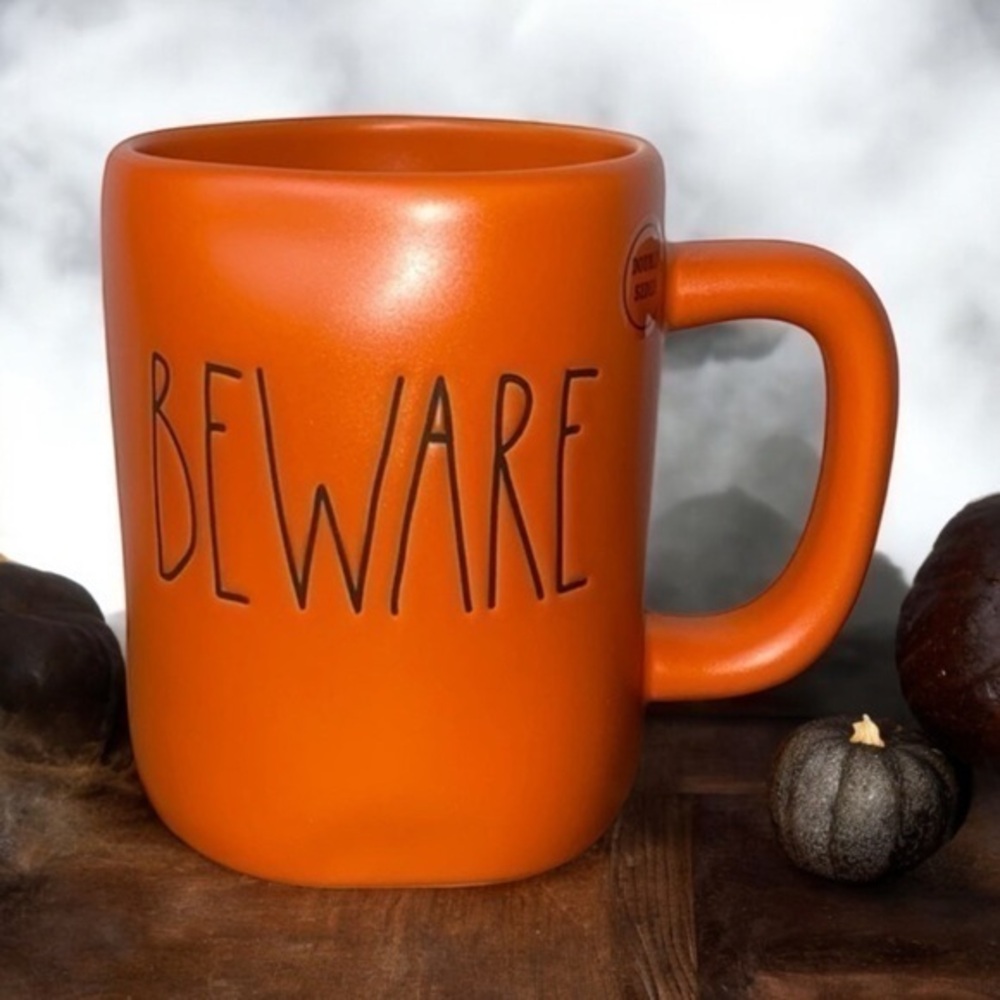 Rae Dunn BEWARE orange double sided Halloween mug NWT